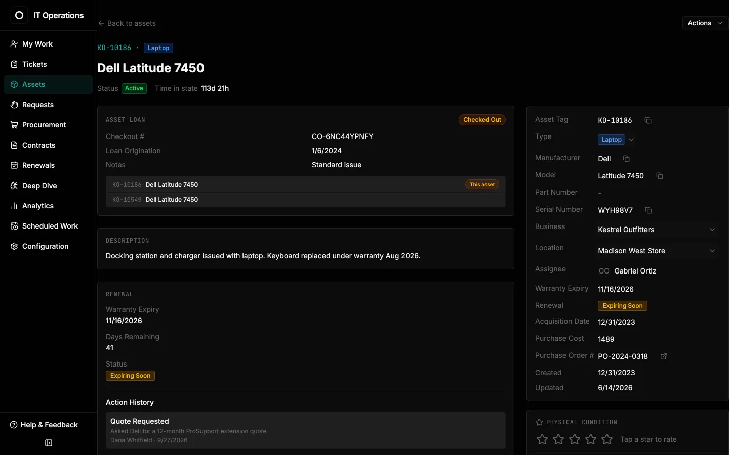 Laptop asset record with its current loan, description, warranty renewal status and details such as serial number, location and assignee