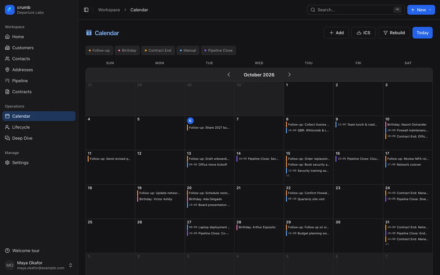 October calendar with color-coded follow-ups, birthdays, contract end dates and expected deal closes