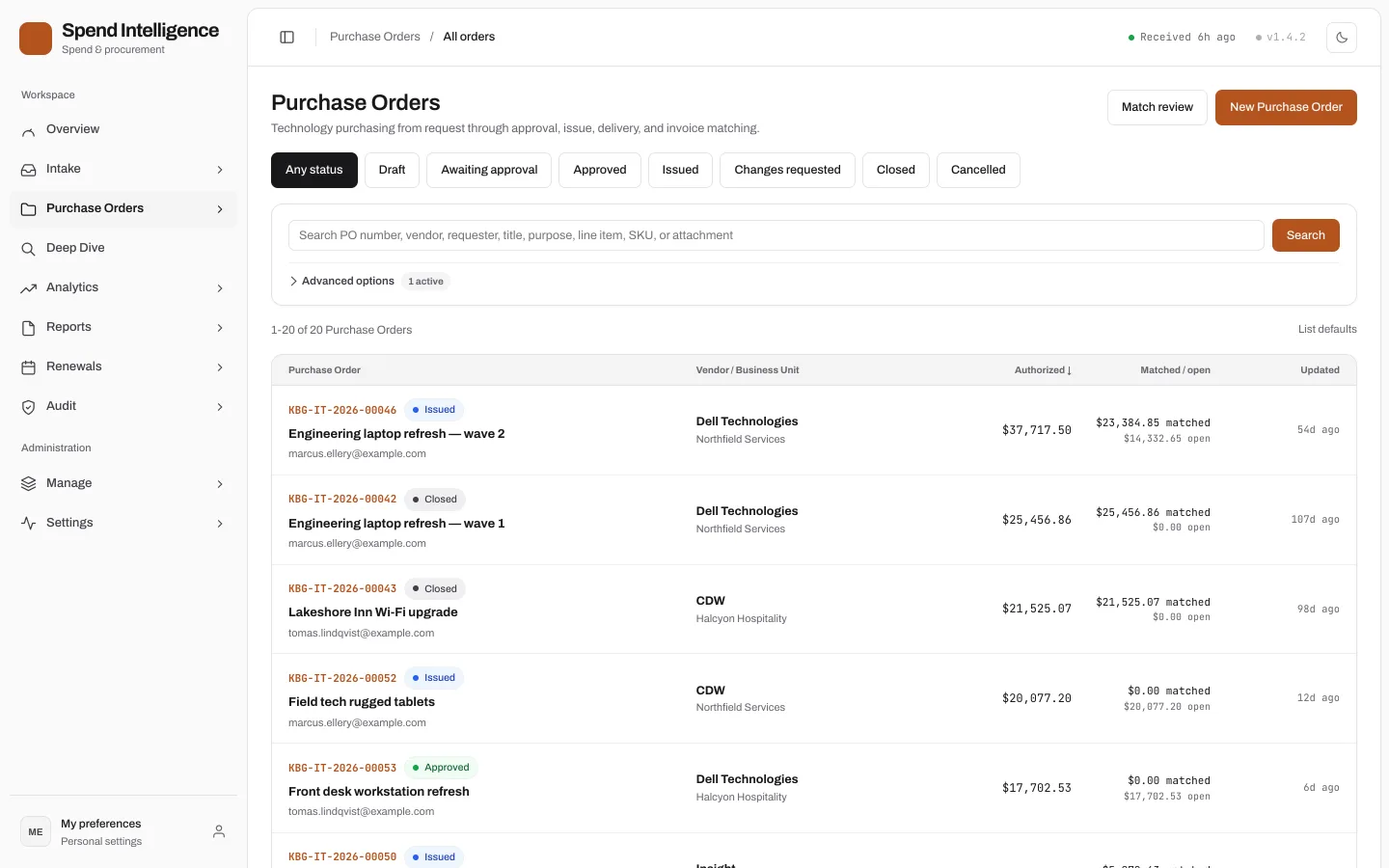 Purchase order list with draft, awaiting-approval and approved orders, vendor, business unit and matched versus open amounts