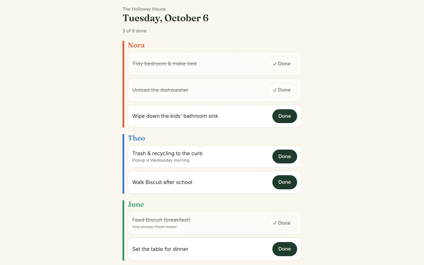Kids' chore board with a colored column of chores for each child, some already checked off