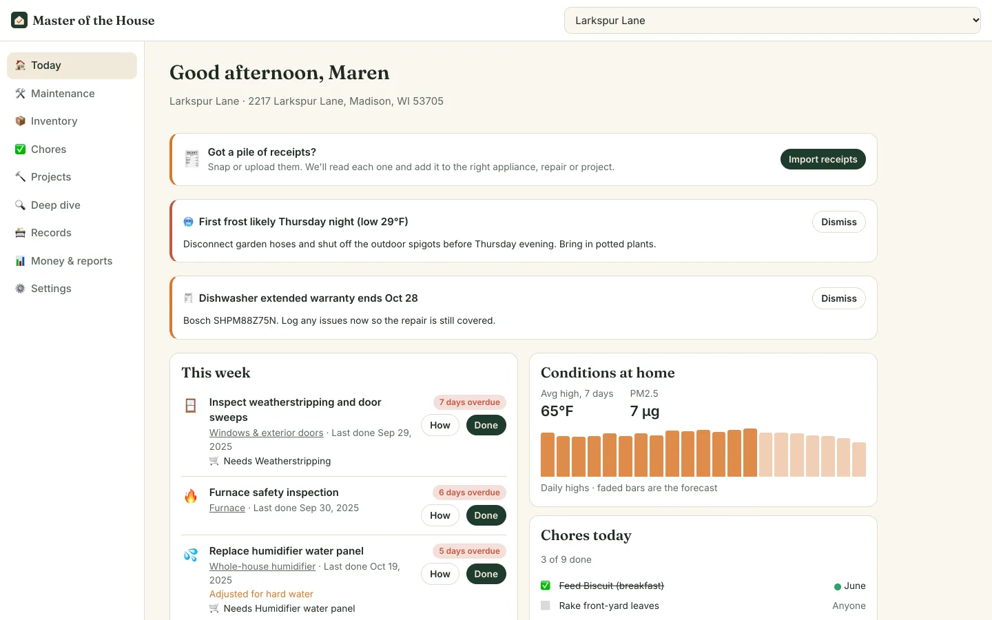 Home dashboard greeting the homeowner with a frost alert, a warranty reminder, this week's overdue maintenance and a local temperature chart