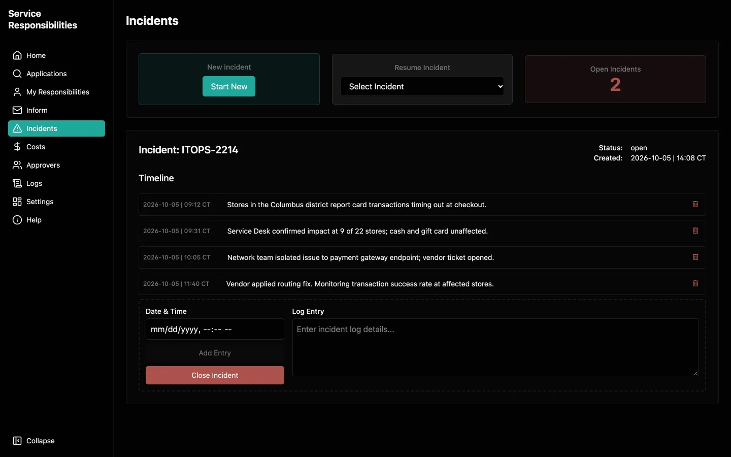 Open incident with a timestamped timeline from first report through vendor fix