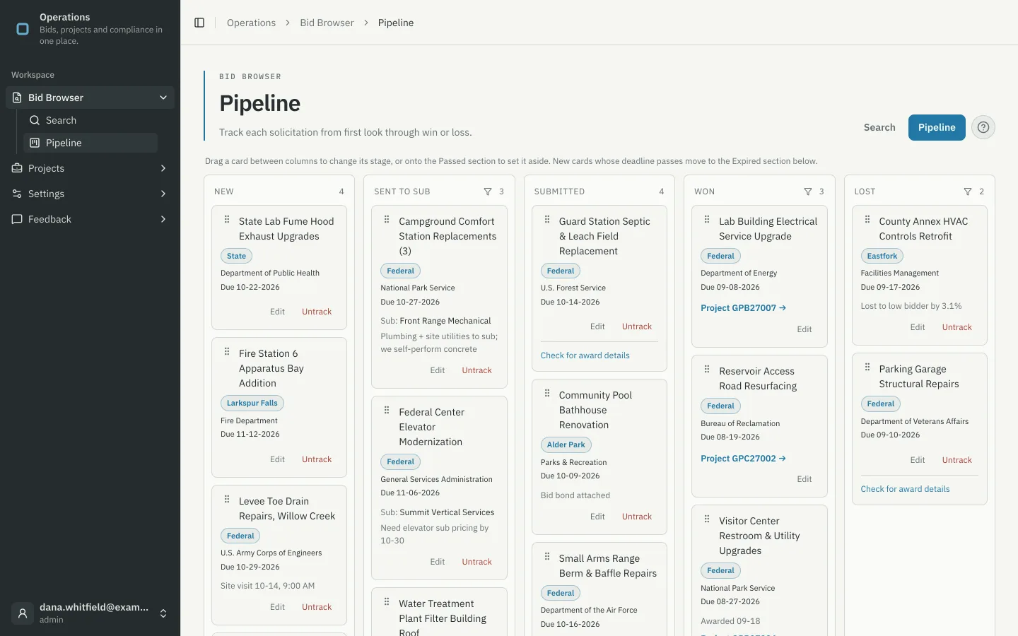 Bid pipeline board with New, Sent to Sub, Submitted, Won and Lost columns of public-sector solicitations, agencies and due dates