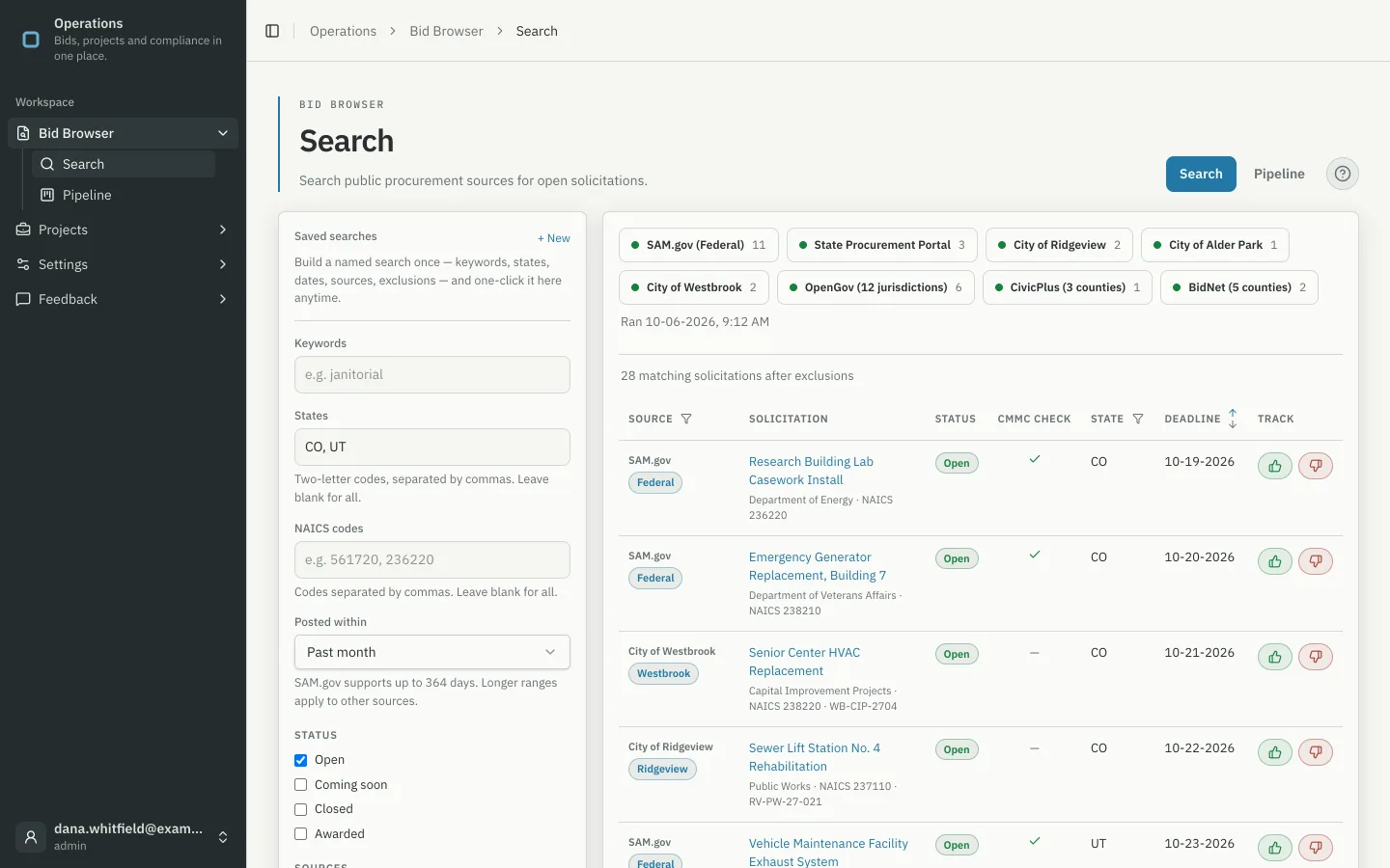Solicitation search across federal, state and city procurement sources with filters and 28 open results