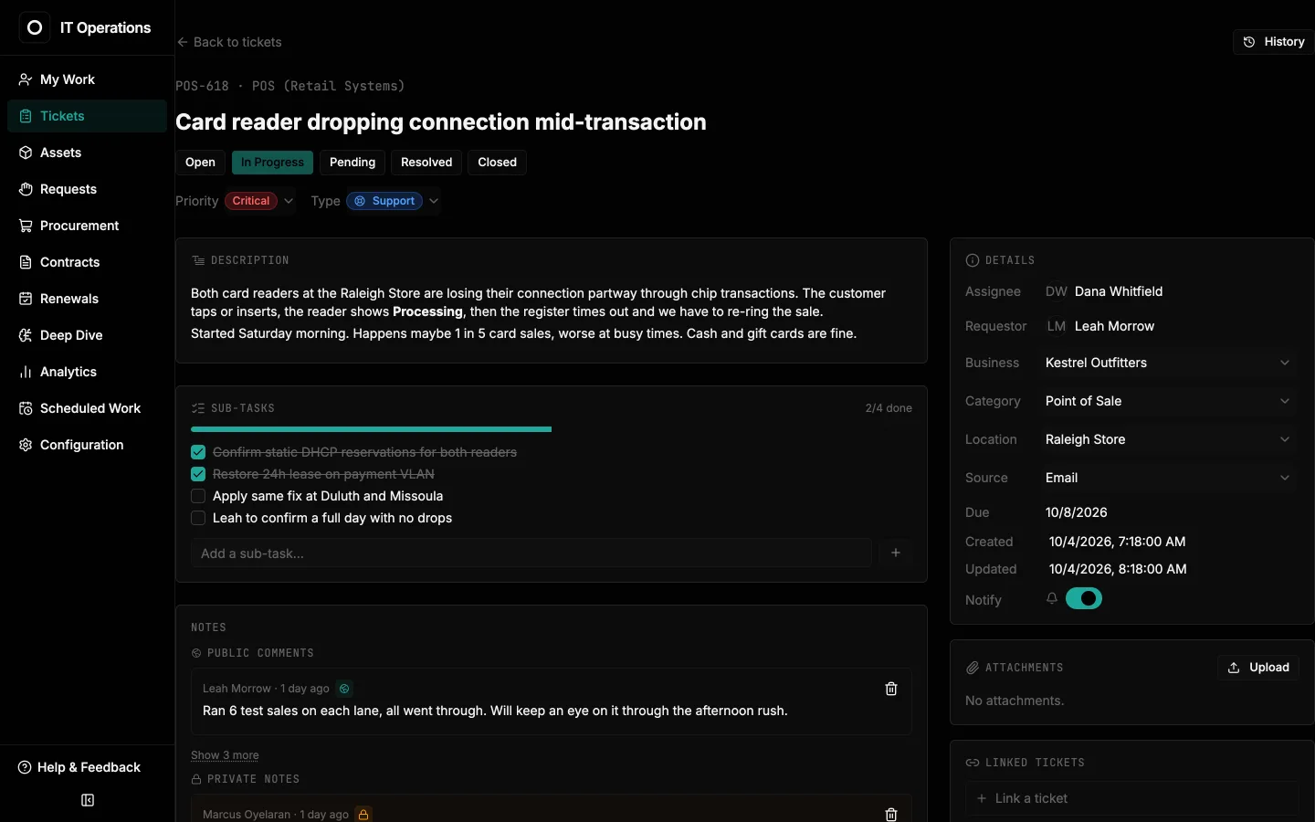 Critical point-of-sale ticket about a card reader dropping connections, with sub-tasks, details panel and comments