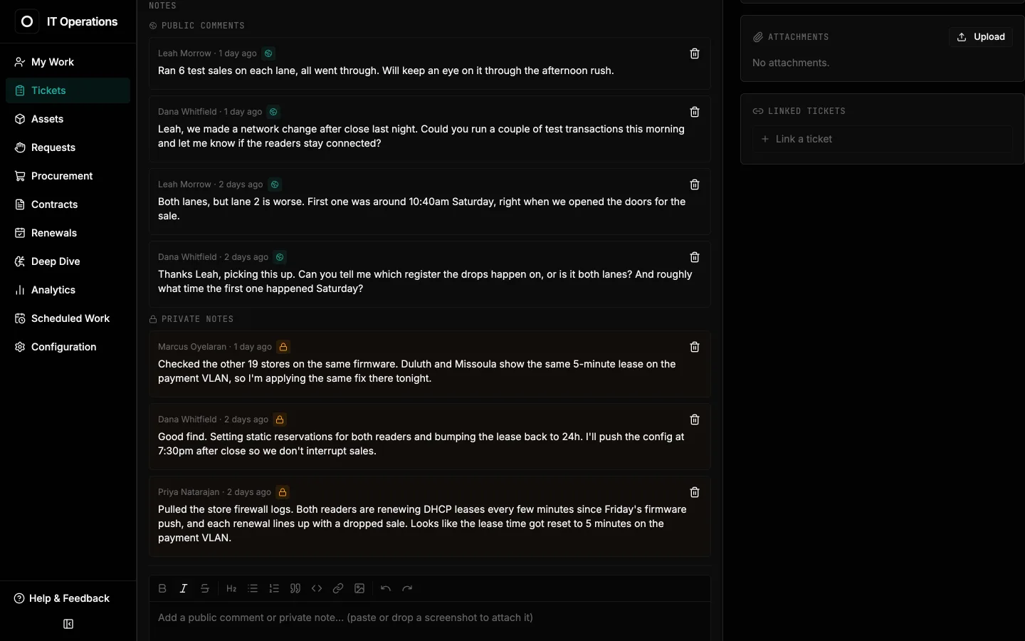 Ticket thread with public replies to the requester and separate private technician notes